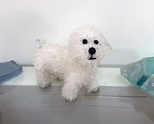 Betty Small white dog with curled tail glass sculpture