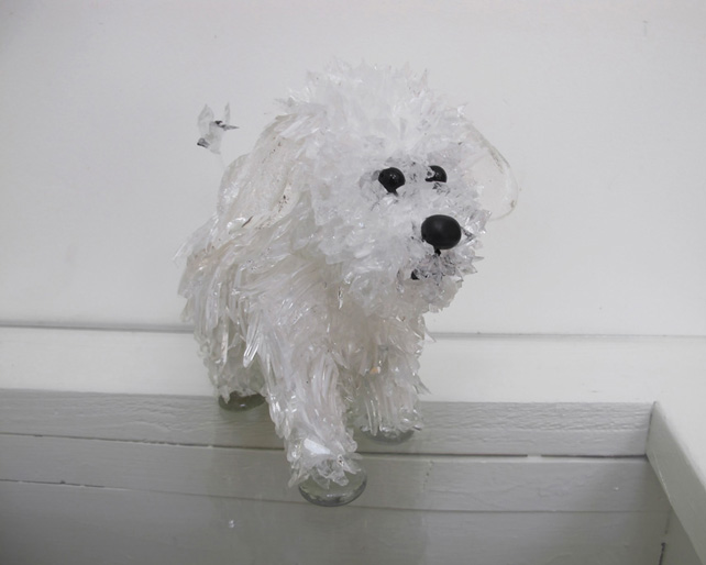 Chimichanga White-Striped, Shaggy, Little Dog glass sculpture