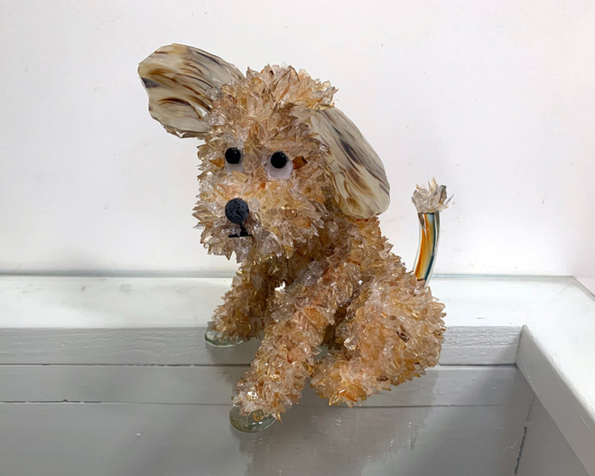 Crunch Little, mixed brown pup glass sculpture
