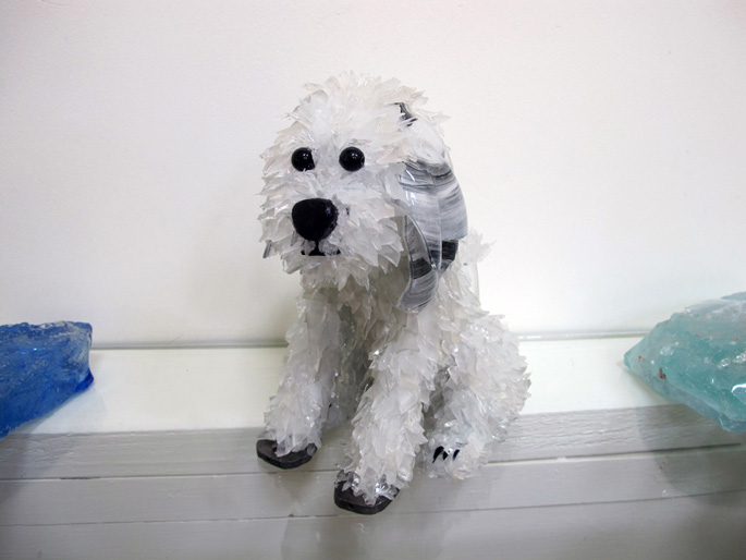 Maui White sitting dog with gray ears glass sculpture