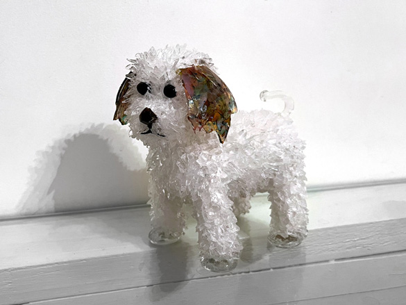 Pixie White poodle mix with purple ears glass sculpture