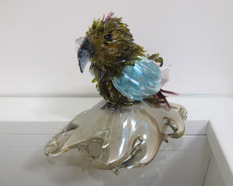 Saffron Olive Bird on Murano Glass Stand glass sculpture