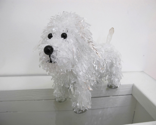 Spank White Long-Haired Dog glass sculpture