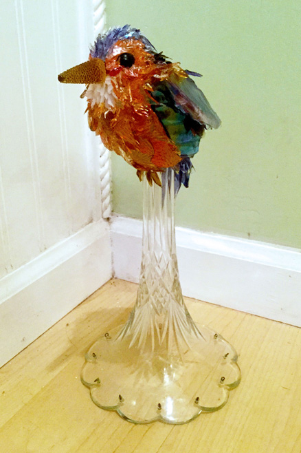 Veronica Blue and Orange Bird glass sculpture