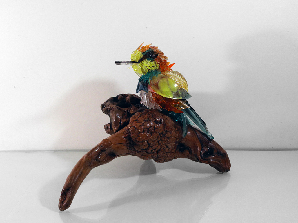 Willow Bird on Driftwood glass sculpture